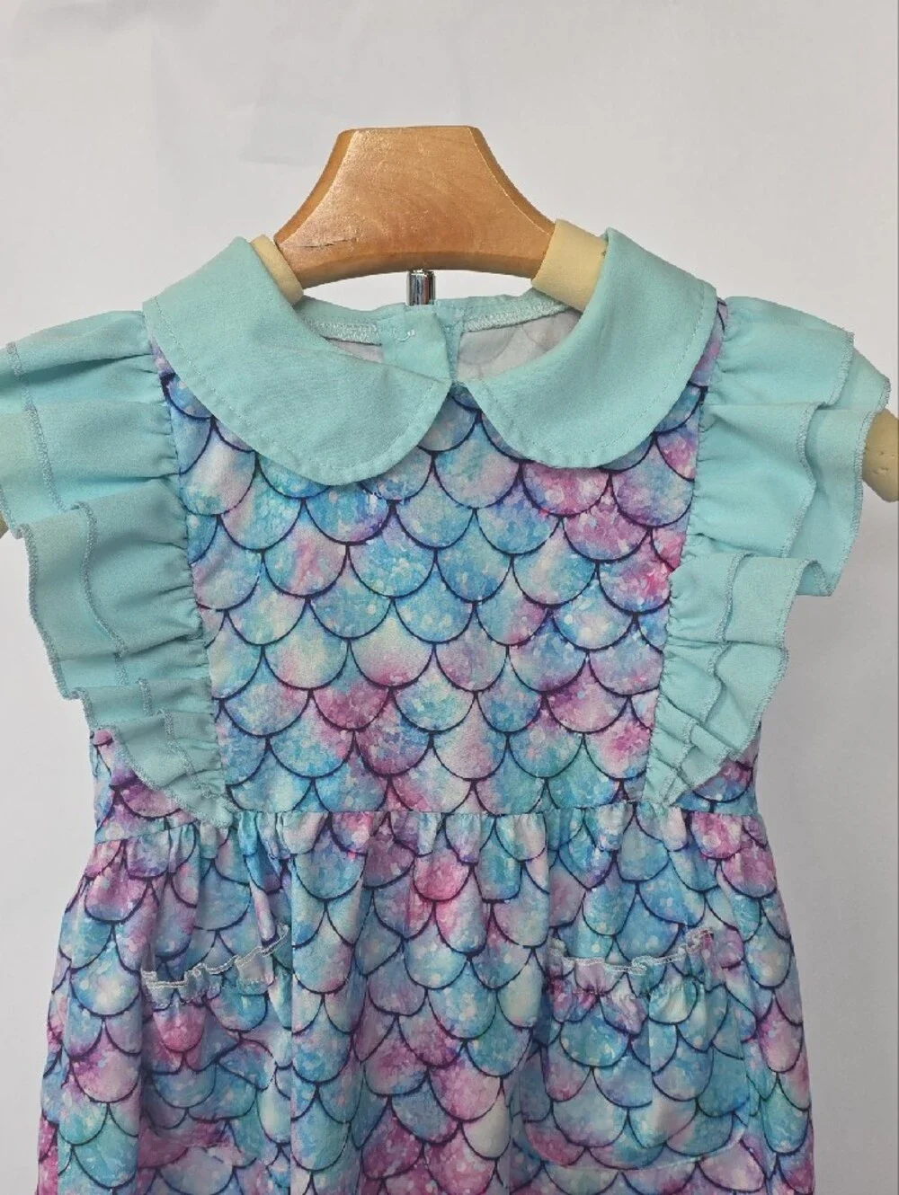 Girls' Mermaid Scale Ruffle Dress with Peter Pan Collar - Aqua Multi